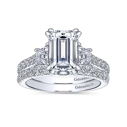 Fiora - 14K White Gold Emerald Cut Three Stone Diamond Engagement Ring