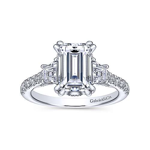 Fiora - 14K White Gold Emerald Cut Three Stone Diamond Engagement Ring