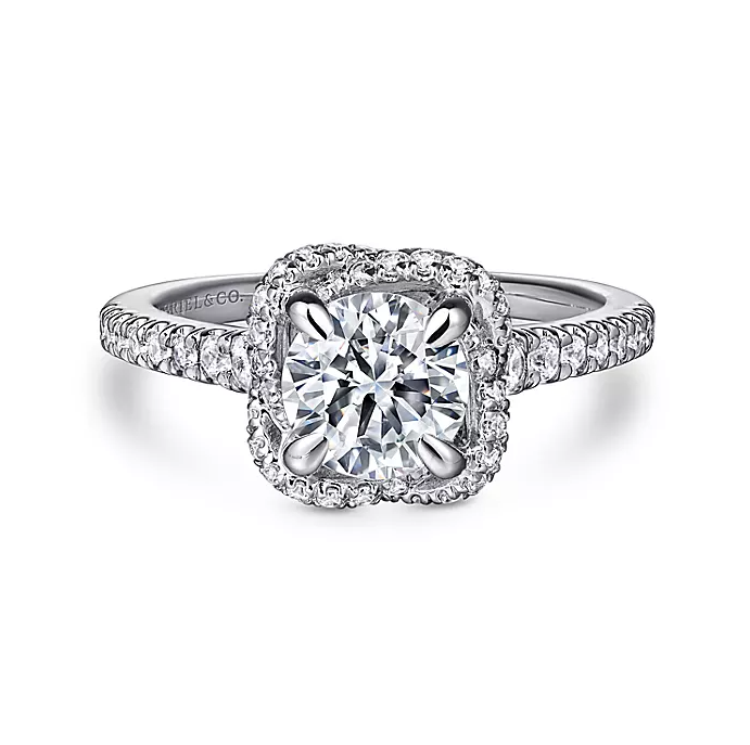 Warner - 14K White Gold Cushion Halo Round Diamond Engagement Ring