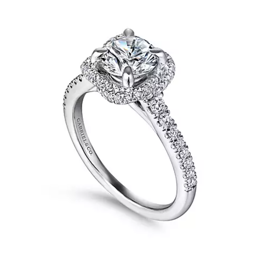Warner - 14K White Gold Cushion Halo Round Diamond Engagement Ring