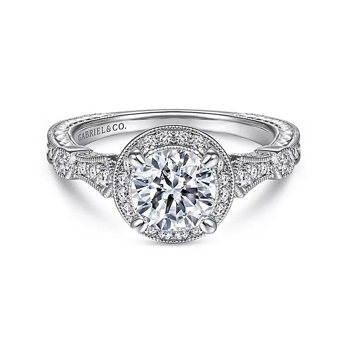 Dita - Vintage Inspired 14K White Gold Round Halo Diamond Engagement Ring
