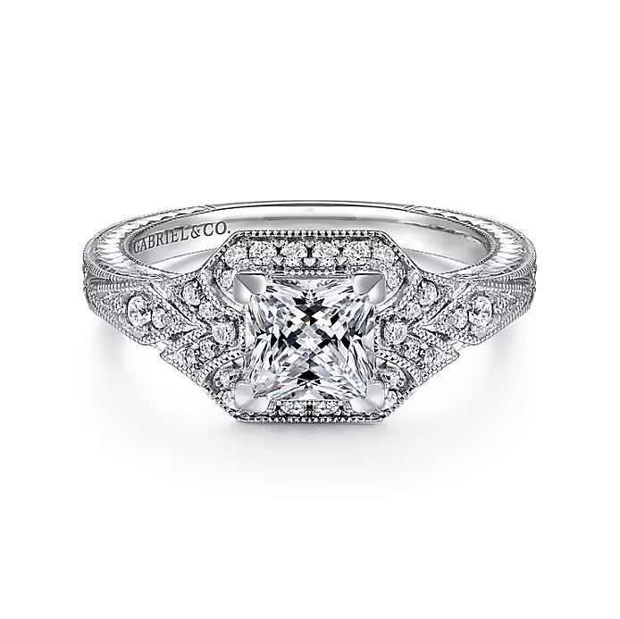 Capulet - Unique 14K White Gold Art Deco Princess Cut Halo Diamond Engagement Ring