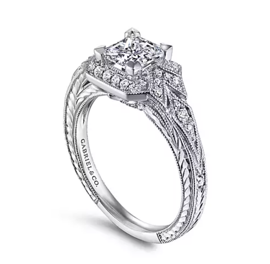 Capulet - Unique 14K White Gold Art Deco Princess Cut Halo Diamond Engagement Ring