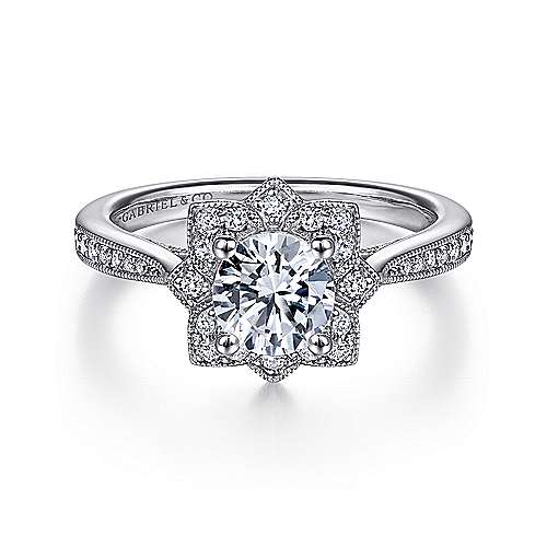 Gretel - Unique 14K White Gold Vintage Inspired Halo Diamond Engagement Ring