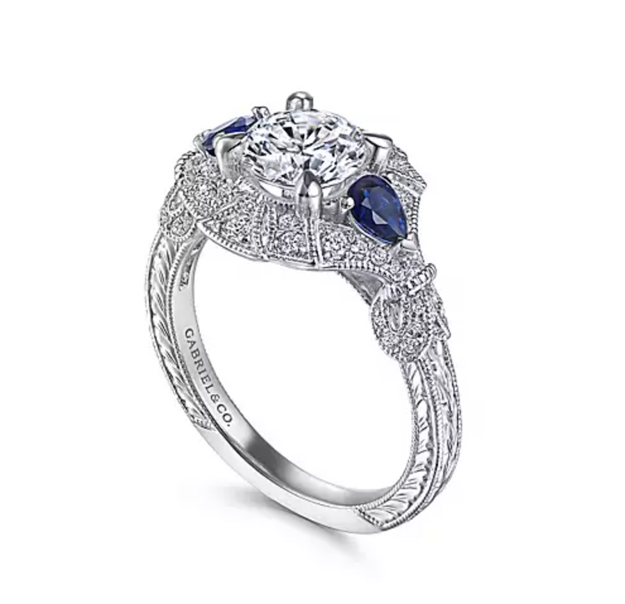 Azurine - 14K White Gold Round Sapphire and Diamond Engagement Ring