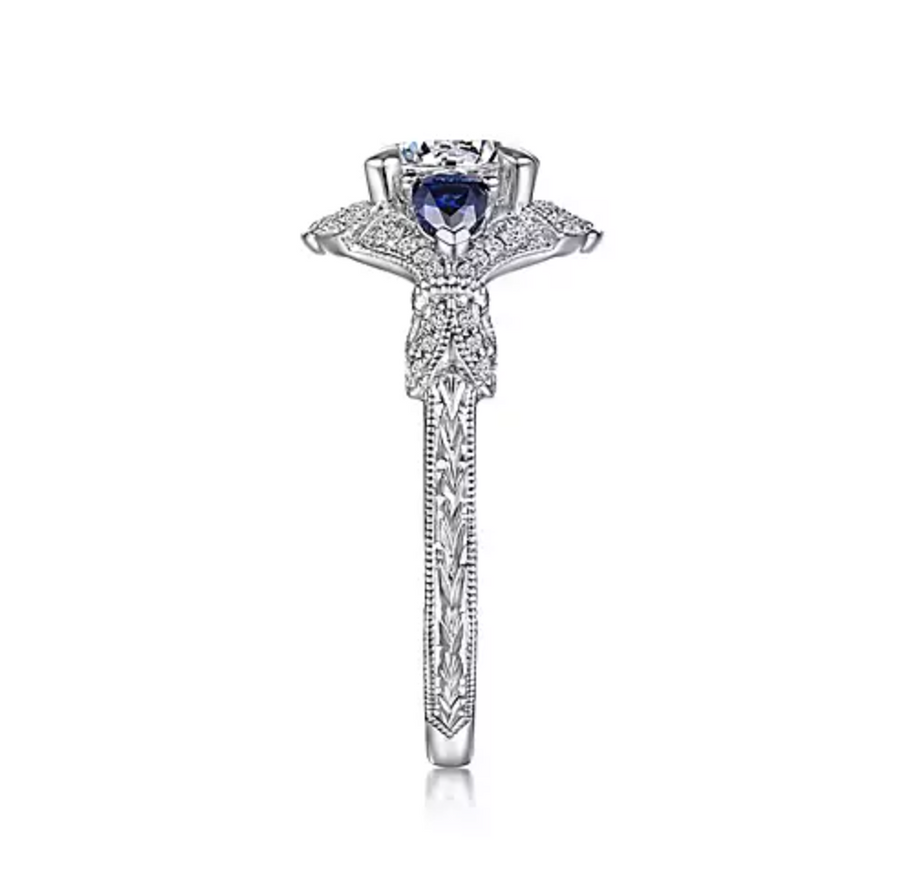 Azurine - 14K White Gold Round Sapphire and Diamond Engagement Ring