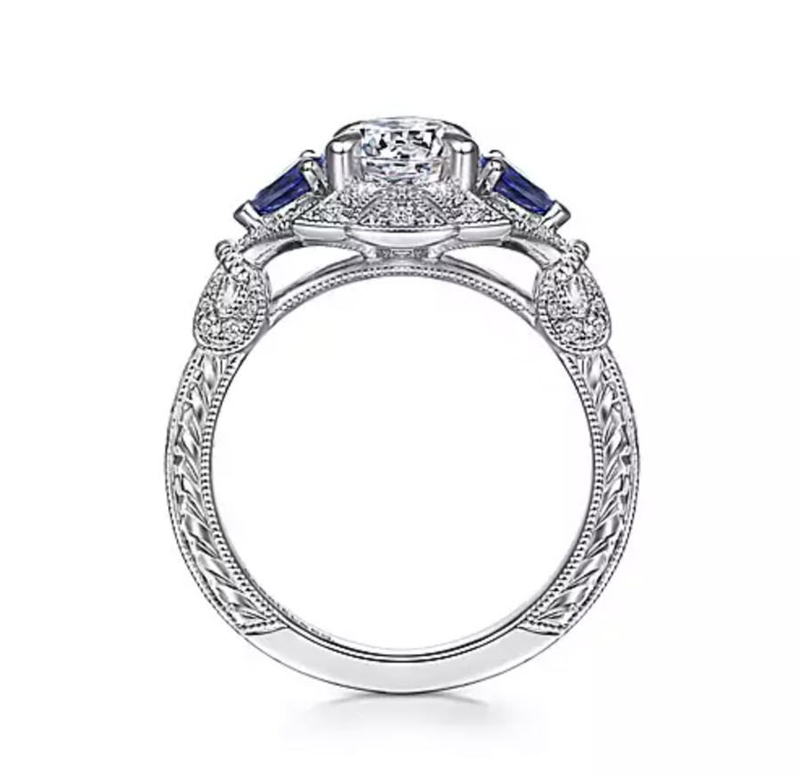 Azurine - 14K White Gold Round Sapphire and Diamond Engagement Ring