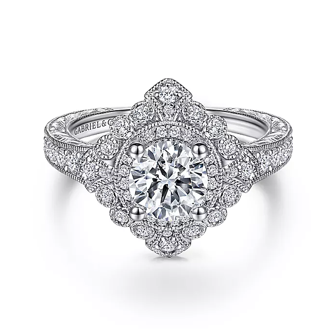 Nancy - Vintage Inspired 14K White Gold Round Double Halo Diamond Engagement Ring