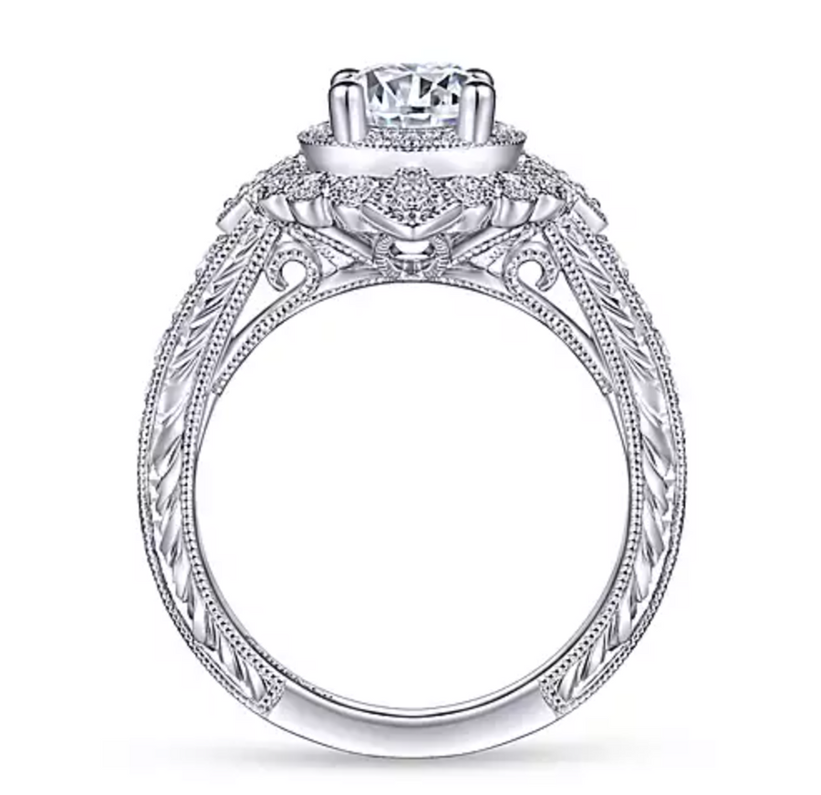 Nancy - Vintage Inspired 14K White Gold Round Double Halo Diamond Engagement Ring