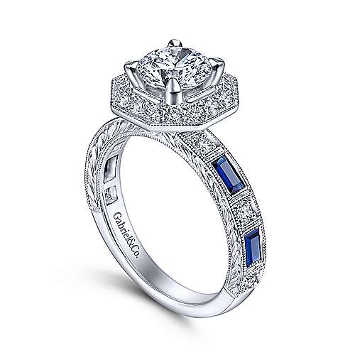 Rain - Art Deco 14K White Gold Octagonal Halo Round Sapphire and Diamond Engagement Ring