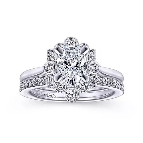 Edina - Art Deco 14K White Gold Oval Halo Diamond Engagement Ring