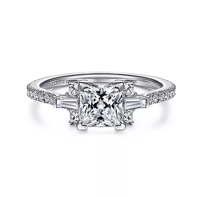 Norita - Vintage Inspired 14k White Gold Princess Cut Three Stone Diamond Engagement Ring