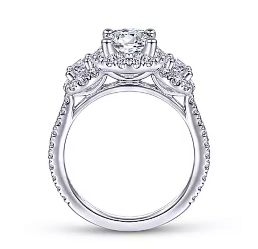 France - 14K White Gold Round 3 Stone Halo Diamond Engagement Ring