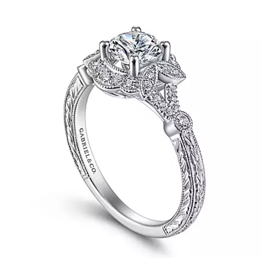 Keltie - Vintage Inspired 14K White Gold Round Halo Diamond Engagement Ring