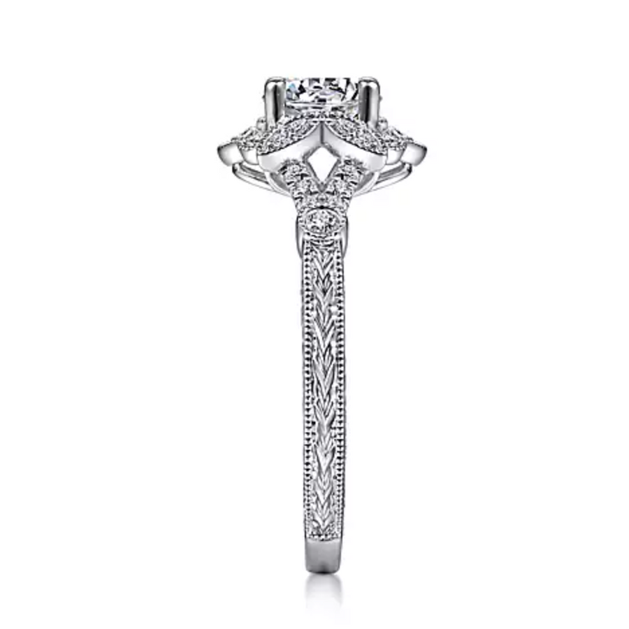 Keltie - Vintage Inspired 14K White Gold Round Halo Diamond Engagement Ring