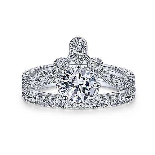Oriana - Vintage Inspired 14K White Gold Round Curved Diamond Engagement Ring