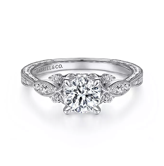 Solene - Vintage Inspired 14K White Gold Round Diamond Engagement Ring