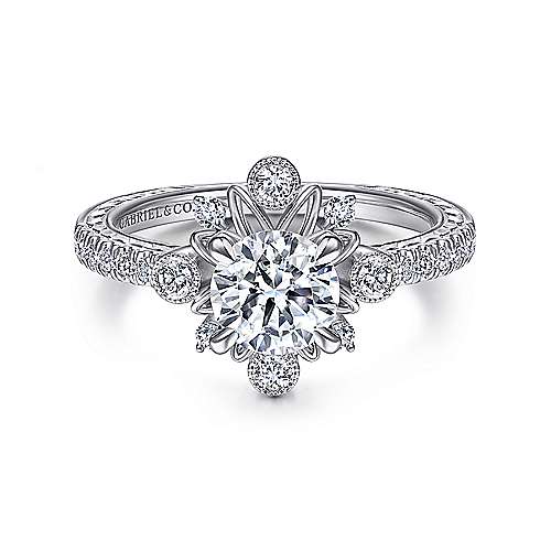 Alessia - 14K White Gold Starburst Halo Round Diamond Engagement Ring
