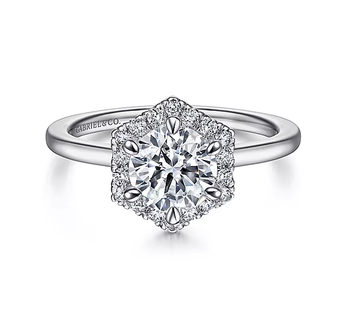 Valor - 14K White Gold Hexagonal Halo Round Diamond Engagement Ring