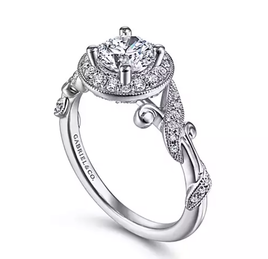 Ilsa - Vintage Inspired 14K White Gold Round Halo Diamond Engagement Ring