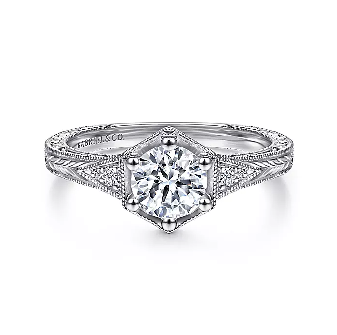 Priya - Vintage Inspired 14K White Gold Round Diamond Engagement Ring