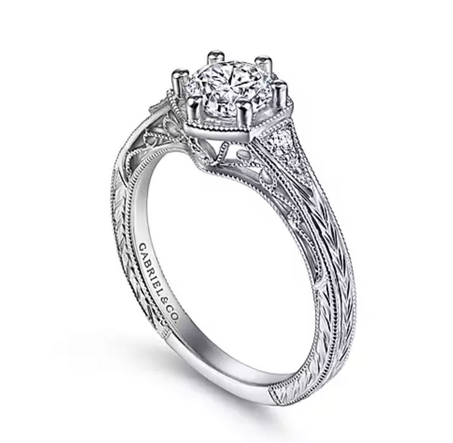 Priya - Vintage Inspired 14K White Gold Round Diamond Engagement Ring