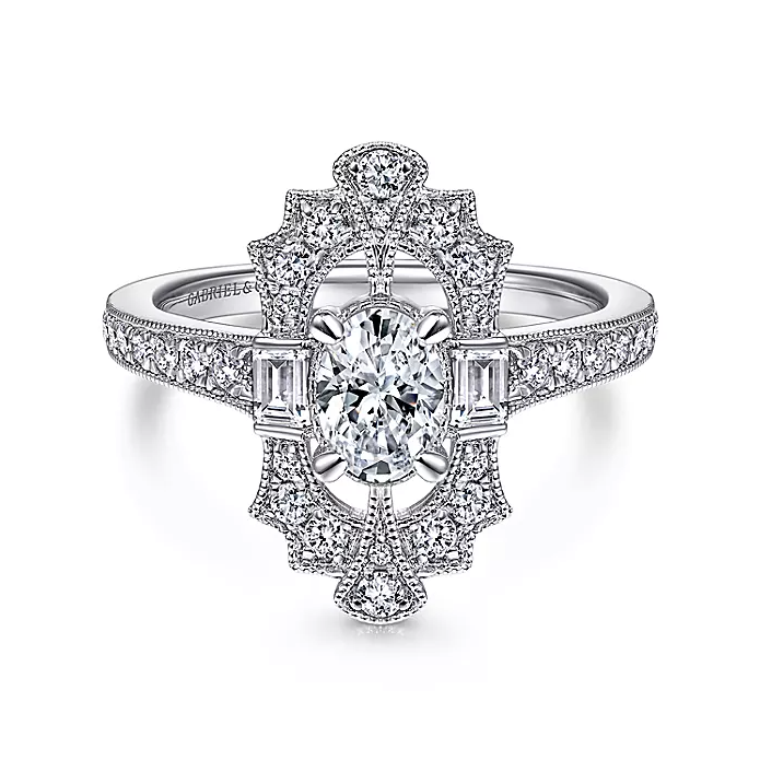 Duchess - Art Deco 14K White Gold Oval Halo Diamond Engagement Ring