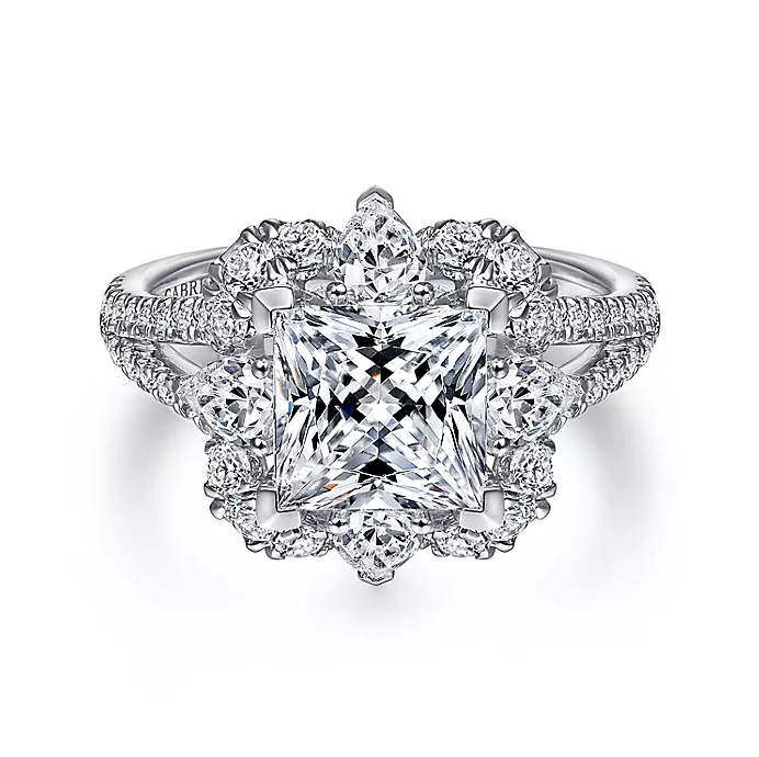 Aphrodite - Art Deco 14K White Gold Fancy Halo Princess Cut Diamond Engagement Ring