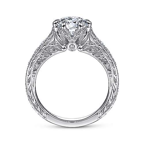 Mali - Vintage Inspired 18K White Gold Round Diamond Engagement Ring