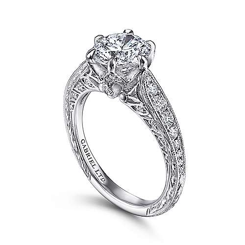 Mali - Vintage Inspired 18K White Gold Round Diamond Engagement Ring