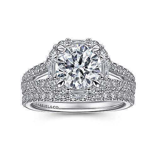 Rainier - 14K White Gold Cushion Halo Round Diamond Engagement Ring