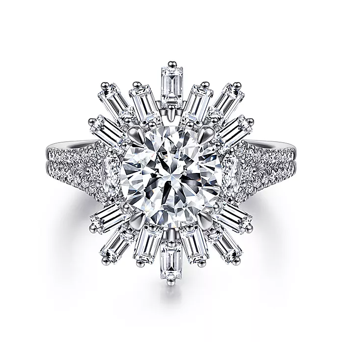 Rapture - Art Deco 14K White Gold Starburst Halo Round Diamond Engagement Ring