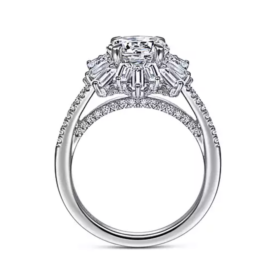 Rapture - Art Deco 14K White Gold Starburst Halo Round Diamond Engagement Ring