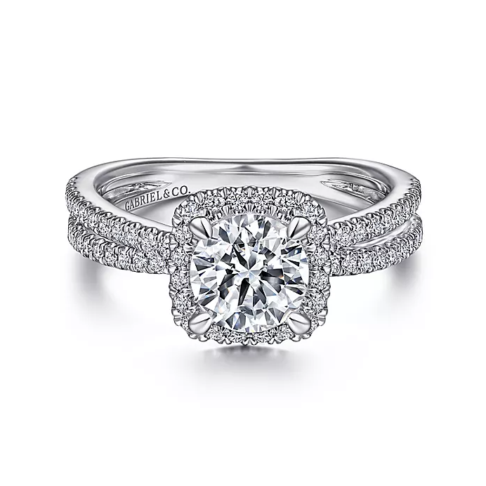 Lucrezia - 14K White Gold Cushion Halo Round Diamond Engagement Ring
