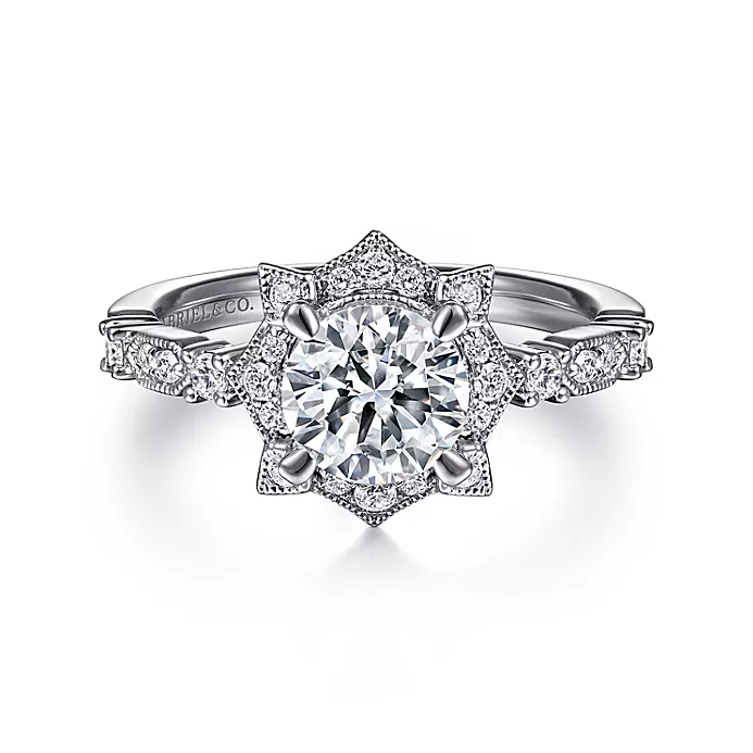 Pietra - Vintage Inspired 14K White Gold Fancy Halo Round Diamond Engagement Ring