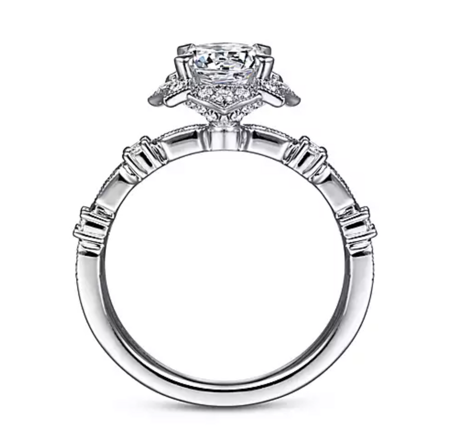 Pietra - Vintage Inspired 14K White Gold Fancy Halo Round Diamond Engagement Ring