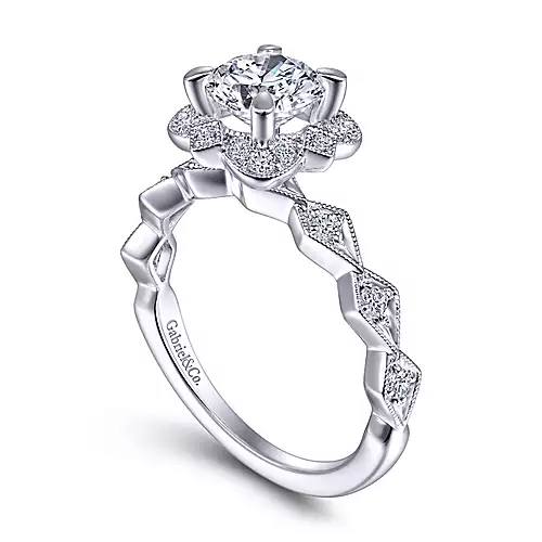 Orsola - Vintage Inspired 14K White Gold Fancy Halo Round Diamond Engagement Ring