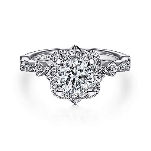 Orsa - Vintage Inspired 14K White Gold Fancy Halo Round Diamond Engagement Ring