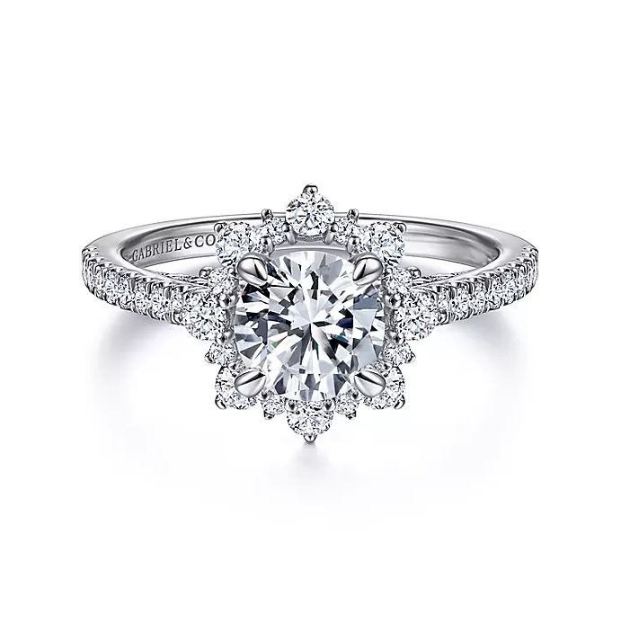 Rosetta - 14K White Gold Floral Halo Round Diamond Engagement Ring