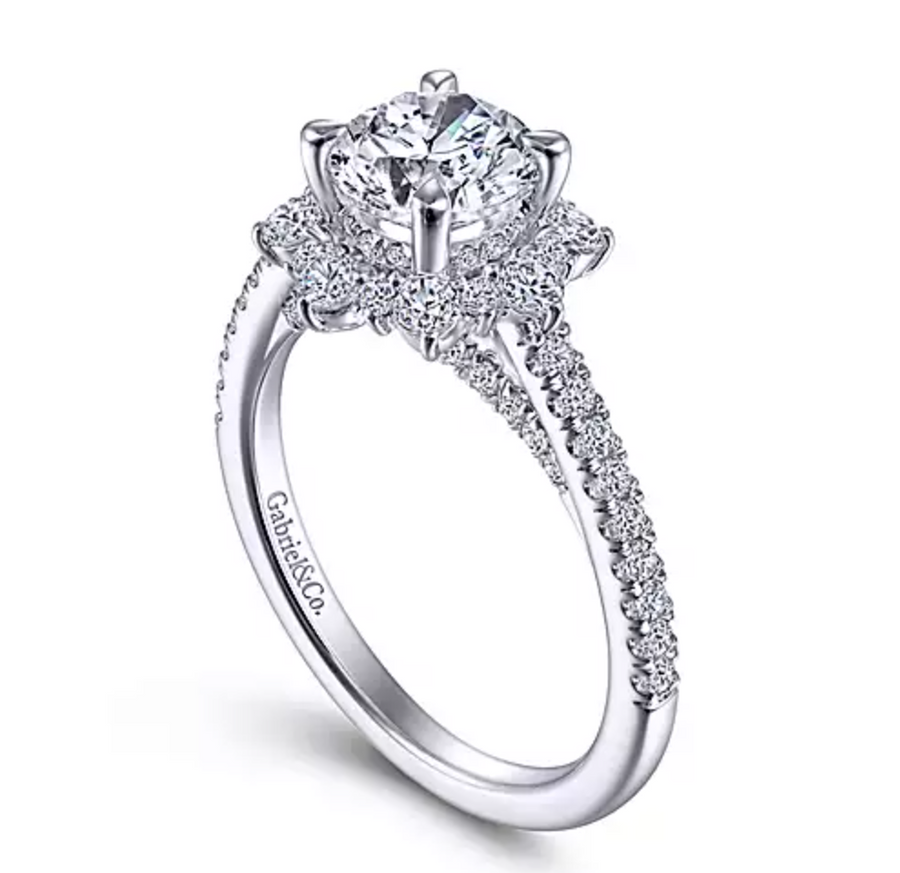Rosetta - 14K White Gold Floral Halo Round Diamond Engagement Ring