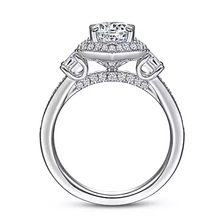 Terza - Art Deco 14K White Gold Hexagonal Halo Round Three Stone Diamond Engagement Ring
