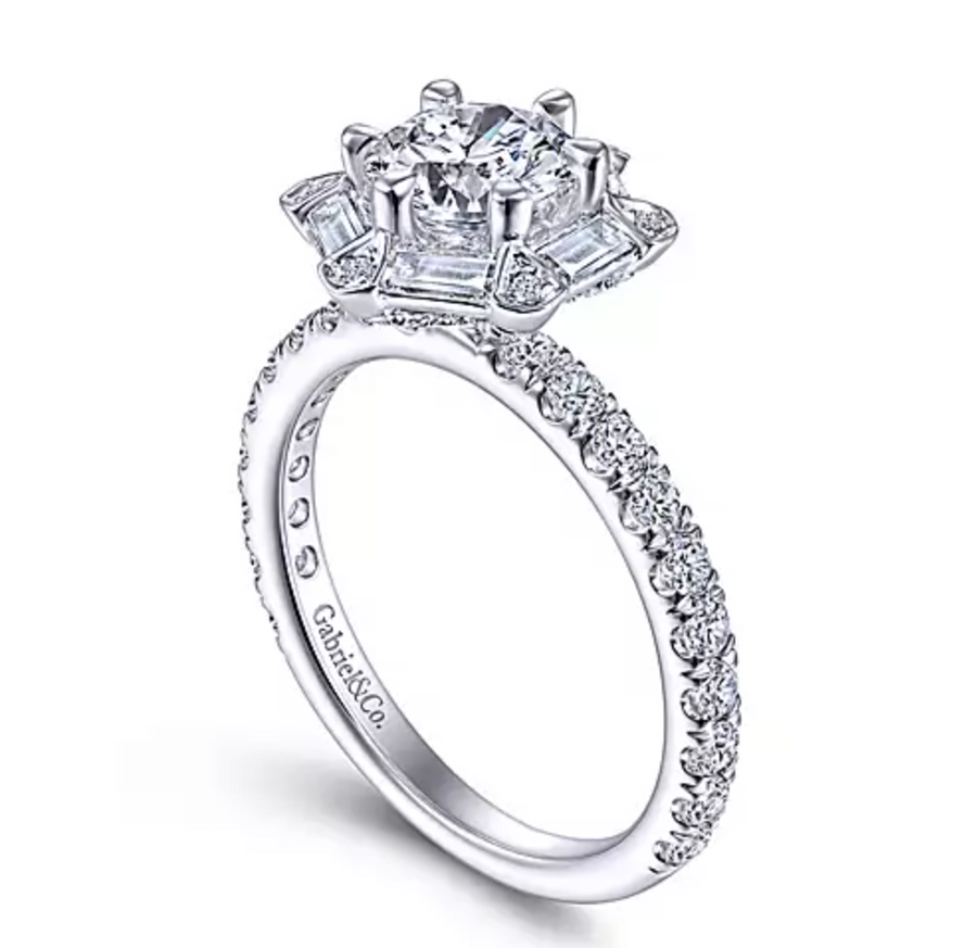 Vivia - Art Deco 14K White Gold Hexagonal Halo Round Diamond Engagement Ring