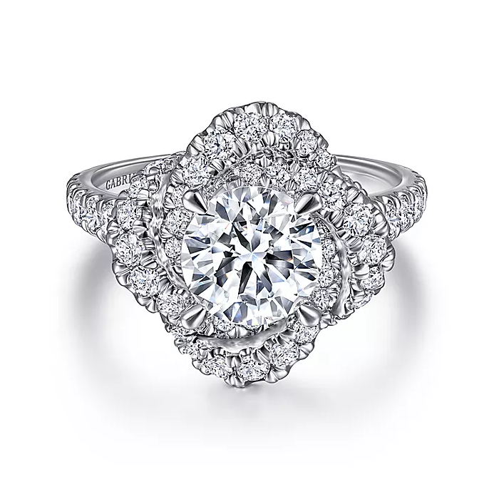 Faline - 14K White Gold Floral Halo Round Diamond Engagement Ring