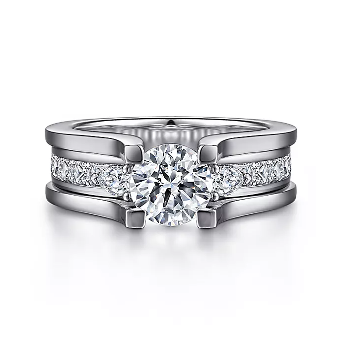 Dulcette - 14K White Gold Wide Band Round Diamond Engagement Ring