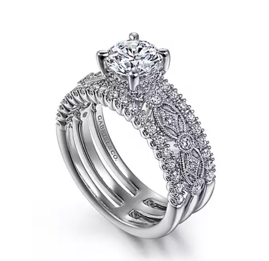 Gemma - 14K White Gold Wide Band Round Diamond Engagement Ring