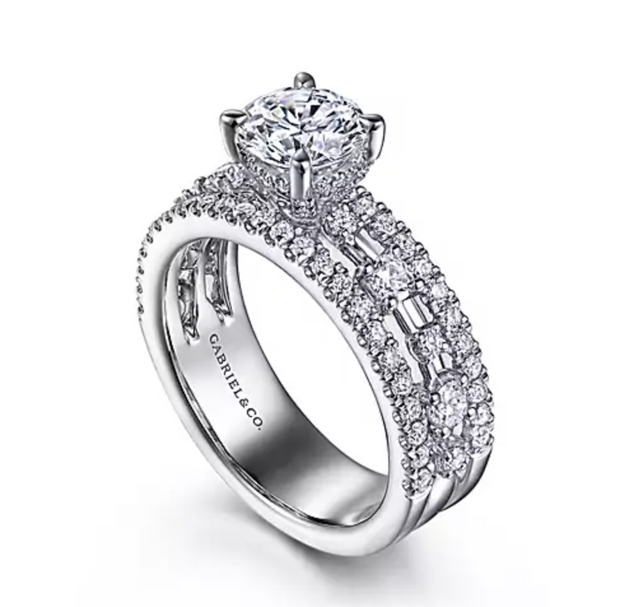 Halley - 14K White Gold Wide Band Round Diamond Engagement Ring