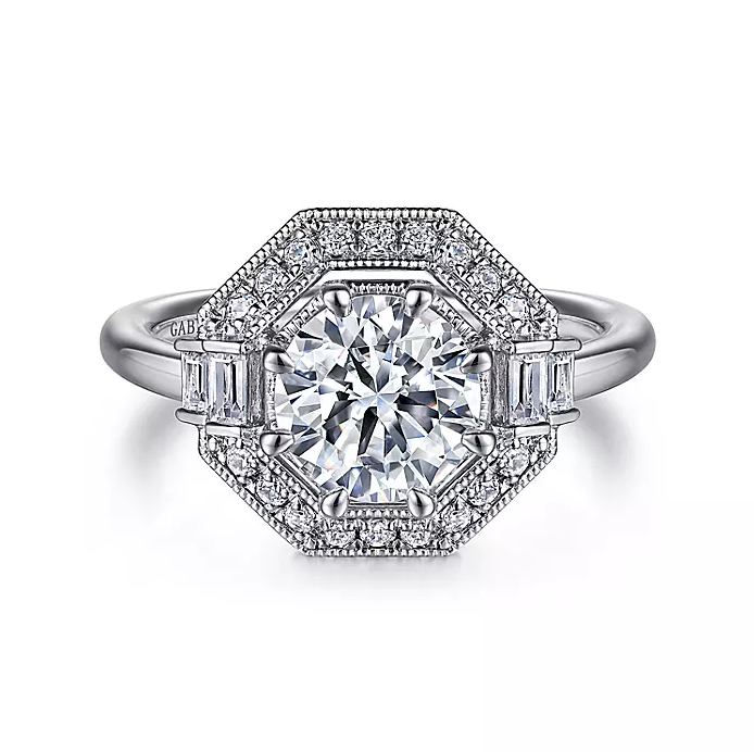 Zara - Art Deco 14K White Gold Round Halo Diamond Engagement Ring