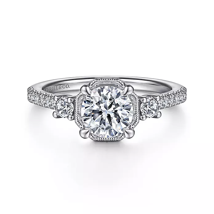 Heather - Art Deco 14K White Gold Round Three Stone Diamond Engagement Ring