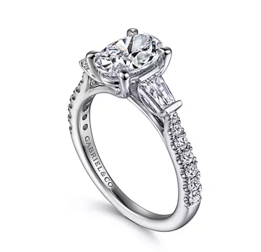 Iva - 14K White Gold Oval Three Stone Diamond Engagement Ring