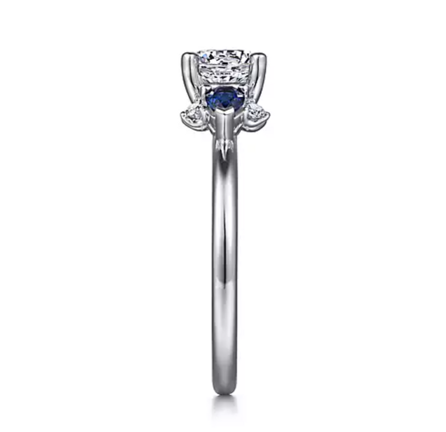 Jeanne - 14K White Gold Round Three Stone Sapphire and Diamond Engagement Ring